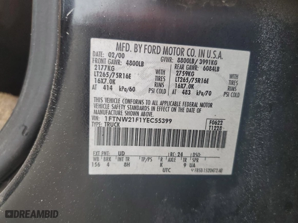 2000 Ford Super Duty F-250 XL with VIN 1FTNW21F1YEC55399, listed as a Copart auction lot 44833085 with 393,351 mi miles and Salvage Title. Bid and sale history available at carsss.com. Image 14.