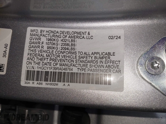 2024 Honda Accord EX with VIN 1HGCY1F39RA048764, listed as a IAAI auction lot 42244341 with Not provided miles and . Bid and sale history available at DreamBid. Image 9.