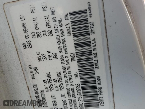 2001 Dodge 1500 z VIN 1B7HC16Y91S737653, wystawiony jako Copart lot #43748485 z przebiegiem 292 241 mil mil oraz Szkoda całkowita • Salvage title. Historia ofert i sprzedaży dostępna na DreamBid. Obrazek 12.