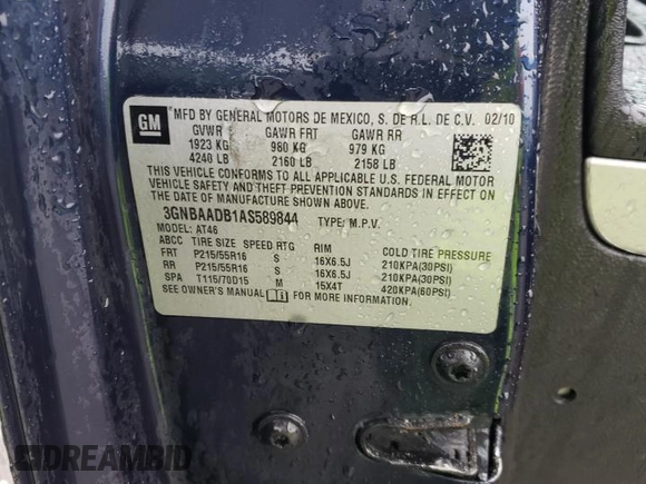 2010 Chevrolet HHR LS with VIN 3GNBAADB1AS589844, listed as a Copart auction lot 58507435 with Not provided miles and Salvage title. Bid and sale history available at DreamBid. Image 12.