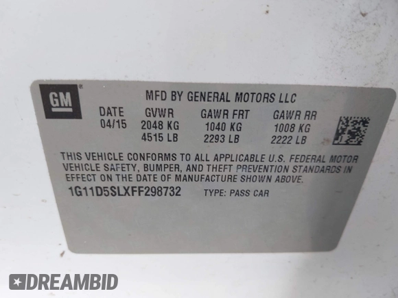 2015 Chevrolet Malibu LT with VIN 1G11D5SLXFF298732, listed as a IAAI auction lot 42060172 with 183,219 mi miles and . Bid and sale history available at DreamBid. Image 9.