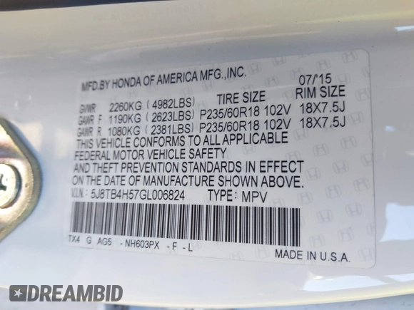 2016 Acura RDX Tech Pkg with VIN 5J8TB4H57GL006824, listed as a IAAI auction lot 41575825 with 234,938 mi miles. Bid and sale history available at carsss.com. Image 9.