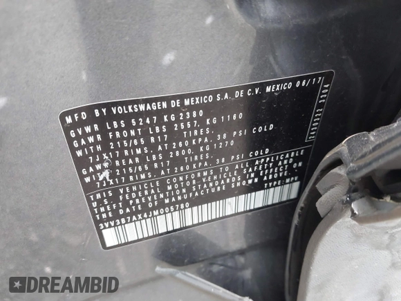 2018 Volkswagen Tiguan SEL z VIN 3VV3B7AX4JM005780, wystawiony jako IAAI lot #41880005 z przebiegiem 149 578 mil mil oraz . Historia ofert i sprzedaży dostępna na DreamBid. Obrazek 9.