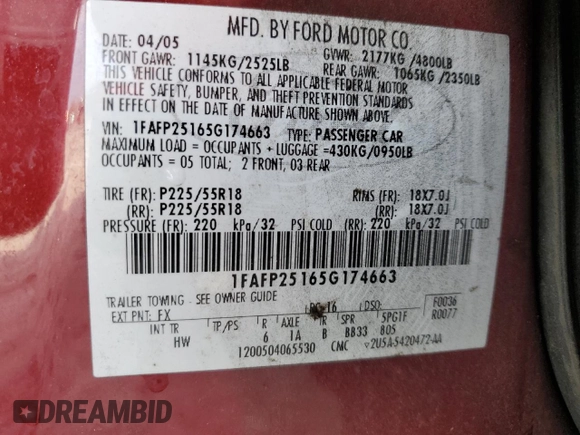 2005 Ford Five Hundred Limited with VIN 1FAFP25165G174663, listed as a Copart auction lot 72812174 with 0 mi miles and Salvage Title. Bid and sale history available at carsss.com. Image 14.