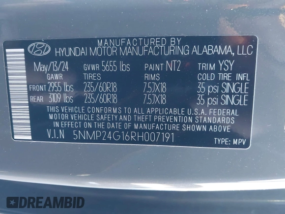 2024 Hyundai Santa Fe Hybrid SEL with VIN 5NMP24G16RH007191, listed as a IAAI auction lot 41315881 with 13,630 mi miles. Bid and sale history available at carsss.com. Image 9.