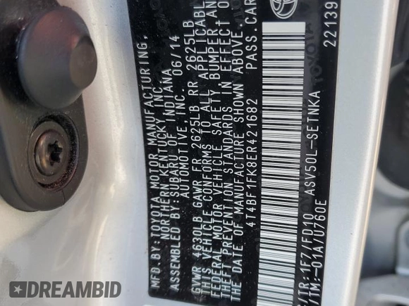 2014 Toyota Camry L with VIN 4T4BF1FK8ER421682, listed as a Copart auction lot 52621075 with 31,272 mi miles and Salvage Title. Bid and sale history available at DreamBid. Image 13.