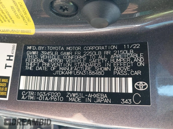 2022 Toyota Prius L Eco z VIN JTDKAMFU5N3188480, wystawiony jako IAAI lot #42146176 z przebiegiem 35 554 mil mil oraz . Historia ofert i sprzedaży dostępna na DreamBid. Obrazek 9.