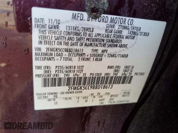 2011 Ford Flex SEL with VIN 2FMGK5CC9BBD18613, listed as a Copart auction lot 52339145 with 179,341 mi miles and Salvage Title. Bid and sale history available at carsss.com. Image 13.