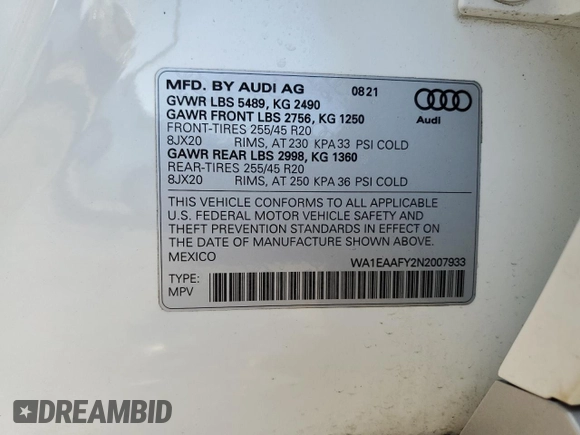 2022 Audi Q5 S line Premium Plus z VIN WA1EAAFY2N2007933, wystawiony jako Copart lot #83675384 z przebiegiem Nie podano mil oraz Szkoda całkowita • Salvage title. Historia ofert i sprzedaży dostępna na DreamBid. Obrazek 13.