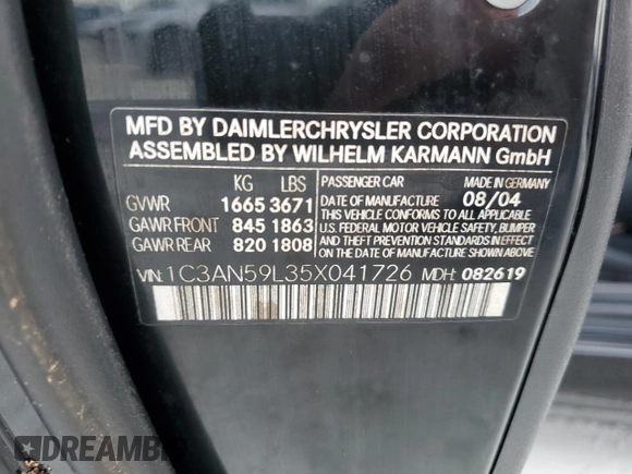 2005 Chrysler Crossfire z VIN 1C3AN59L35X041726, wystawiony jako Copart lot #78260164 z przebiegiem Nie podano mil oraz Nie do naprawy. Historia ofert i sprzedaży dostępna na DreamBid. Obrazek 13.
