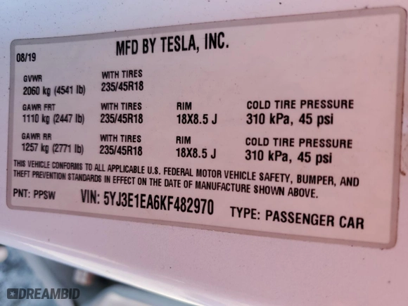 2019 Tesla Model 3 Mid Range with VIN 5YJ3E1EA6KF482970, listed as a Copart auction lot 42165815 with 76696 miles and Clean Title. Bid and sale history available at carsss.com. Image 12.