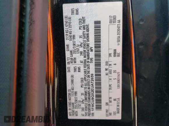 2014 Ford Escape SE with VIN 1FMCU9GX2EUA72659, listed as a Copart auction lot 64232235 with 208,131 mi miles and Clean title. Bid and sale history available at DreamBid. Image 14.