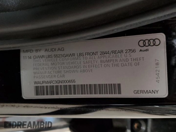 2016 Audi A6 3.0L TDI Premium Plus with VIN WAUFMAFC3GN000655, listed as a Copart auction lot 86820634 with 0 mi miles and Clean Title. Bid and sale history available at carsss.com. Image 14.