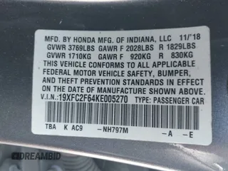 2019 Honda Civic Sedan LX with VIN 19XFC2F64KE005270, listed as a IAAI auction lot 41852238 with 106,604 mi miles. Bid and sale history available at carsss.com. Image 9.