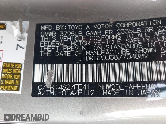 2008 Toyota Prius with VIN JTDKB20U387704889, listed as a IAAI auction lot 42036395 with 303,780 mi miles and . Bid and sale history available at DreamBid. Image 9.