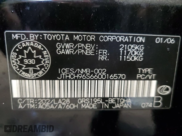 2006 Lexus GS 300 z VIN JTHCH96S660016570, wystawiony jako Copart lot #51900975 z przebiegiem 267 695 mil mil oraz Czysty tytuł • Clean title. Historia ofert i sprzedaży dostępna na DreamBid. Obrazek 12.