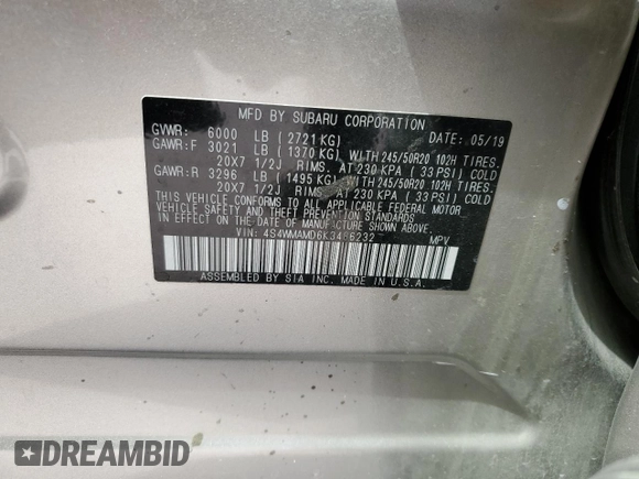 2019 Subaru Ascent Limited z VIN 4S4WMAMD6K3486232, wystawiony jako Copart lot #63579325 z przebiegiem 64 017 mil mil oraz Szkoda całkowita • Salvage title. Historia ofert i sprzedaży dostępna na DreamBid. Obrazek 13.