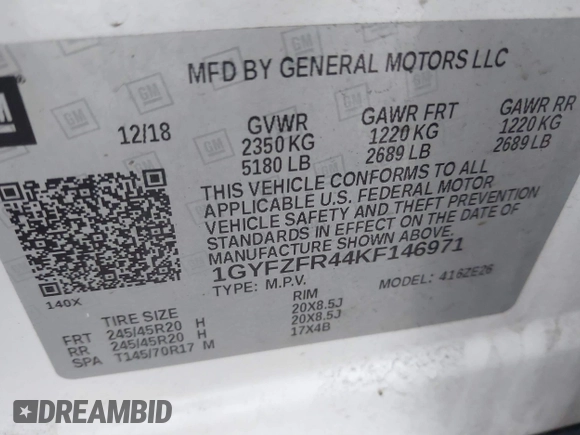 2019 Cadillac XT4 AWD Sport with VIN 1GYFZFR44KF146971, listed as a IAAI auction lot 41663031 with 129,248 mi miles and . Bid and sale history available at DreamBid. Image 9.