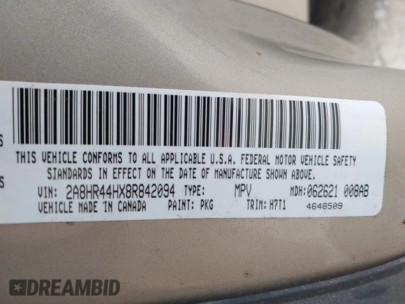 2008 Chrysler Town & Country LX with VIN 2A8HR44HX8R842094, listed as a IAAI auction lot 41902978 with 340,923 mi miles. Bid and sale history available at carsss.com. Image 9.