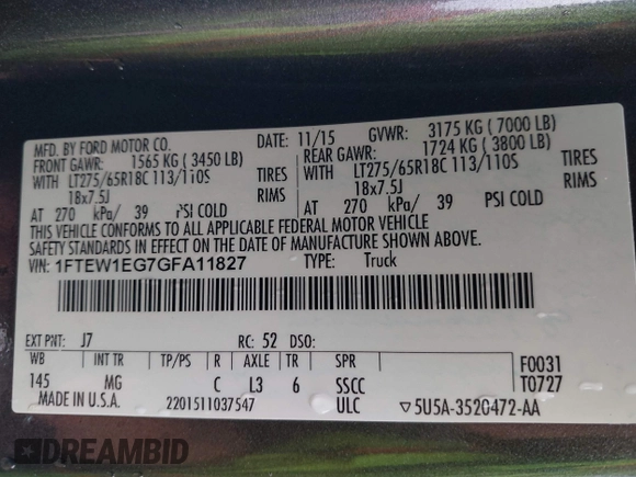 2016 Ford F-150 XLT with VIN 1FTEW1EG7GFA11827, listed as a IAAI auction lot 42626834 with 125,448 mi miles and . Bid and sale history available at DreamBid. Image 9.