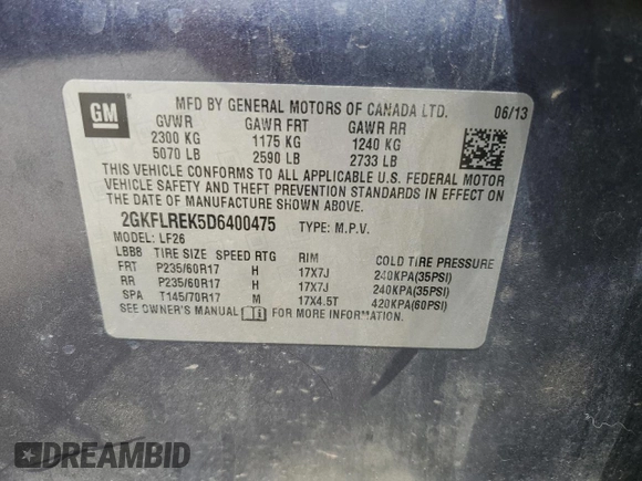 2013 GMC Terrain SLE with VIN 2GKFLREK5D6400475, listed as a Copart auction lot 63801165 with 176,017 mi miles and Salvage title. Bid and sale history available at DreamBid. Image 14.