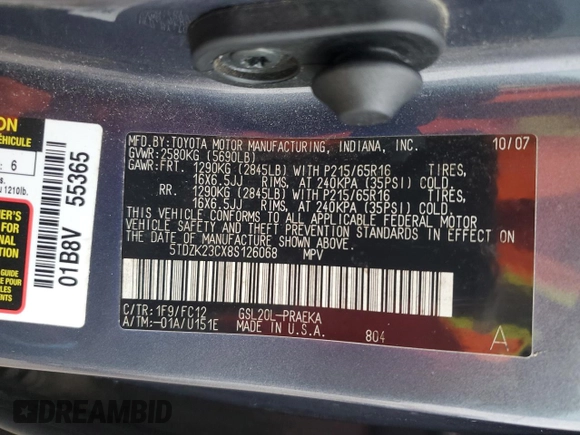 2008 Toyota Sienna CE with VIN 5TDZK23CX8S126068, listed as a Copart auction lot 43175475 with 178,453 mi miles and Salvage Title. Bid and sale history available at carsss.com. Image 13.