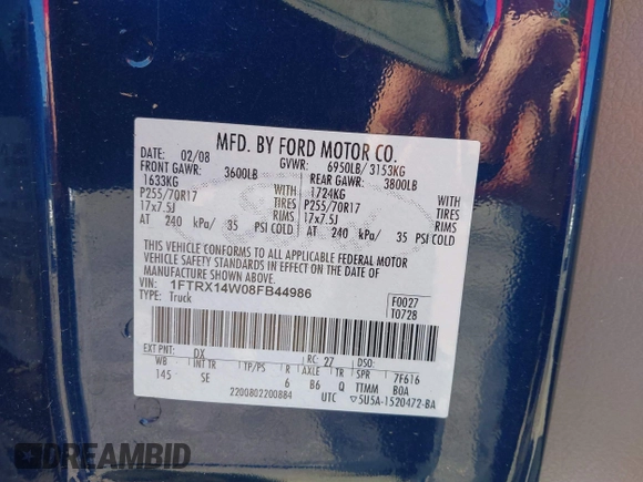 2008 Ford F-150 STX with VIN 1FTRX14W08FB44986, listed as a IAAI auction lot 41895539 with 152,647 mi miles. Bid and sale history available at carsss.com. Image 9.