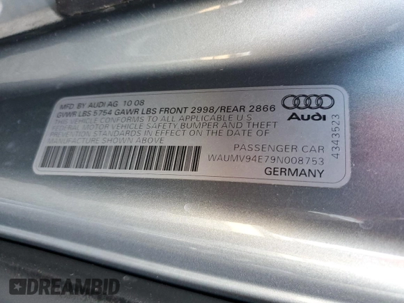2009 Audi A8 L 4.2L with VIN WAUMV94E79N008753, listed as a Copart auction lot 78772714 with 116,378 mi miles and Salvage Title. Bid and sale history available at carsss.com. Image 13.