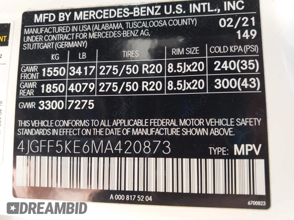 2021 Mercedes-Benz GLS with VIN 4JGFF5KE6MA420873, listed as a IAAI auction lot 41637588 with 51,709 mi miles. Bid and sale history available at carsss.com. Image 9.