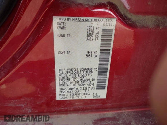 2019 Nissan Altima 2.5 SV with VIN 1N4BL4DV9KC218782, listed as a IAAI auction lot 41679464 with 112,195 mi miles. Bid and sale history available at carsss.com. Image 9.
