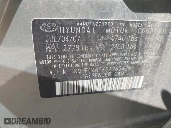 2008 Hyundai Azera Limited with VIN KMHFC46FX8A263425, listed as a IAAI auction lot 42254129 with 58,480 mi miles and . Bid and sale history available at DreamBid. Image 9.