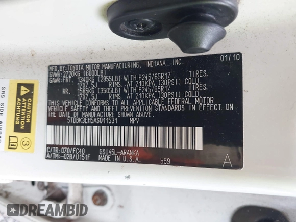 2010 Toyota Highlander with VIN 5TDBK3EH5AS011531, listed as a IAAI auction lot 42521352 with 198,605 mi miles and . Bid and sale history available at DreamBid. Image 9.
