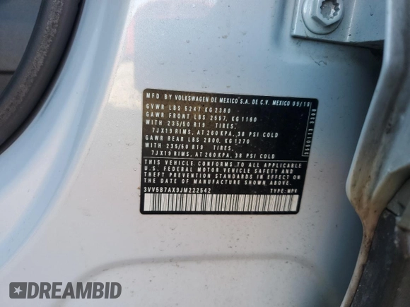 2018 Volkswagen Tiguan SEL Premium with VIN 3VV5B7AX9JM222542, listed as a Copart auction lot 48412055 with 93,329 mi miles and Salvage Title. Bid and sale history available at DreamBid. Image 14.
