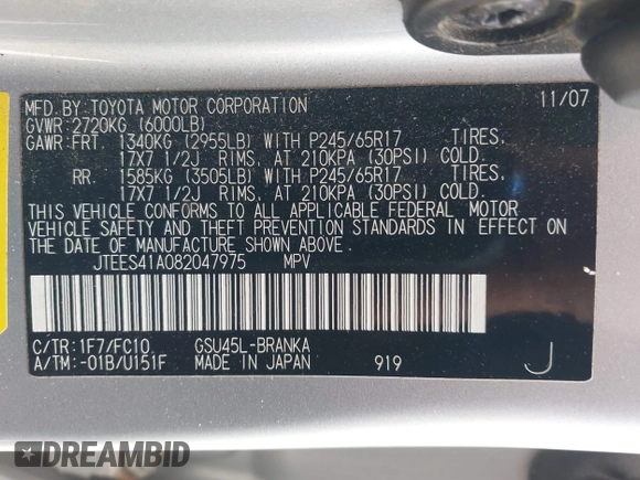 2008 Toyota Highlander z VIN JTEES41A082047975, wystawiony jako IAAI lot #42386511 z przebiegiem 229 825 mil mil oraz . Historia ofert i sprzedaży dostępna na DreamBid. Obrazek 9.