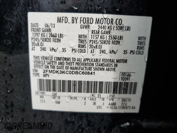 2013 Ford Edge Limited with VIN 2FMDK3KC0DBC60841, listed as a Copart auction lot 59917675 with 98,855 mi miles and Salvage title. Bid and sale history available at DreamBid. Image 13.