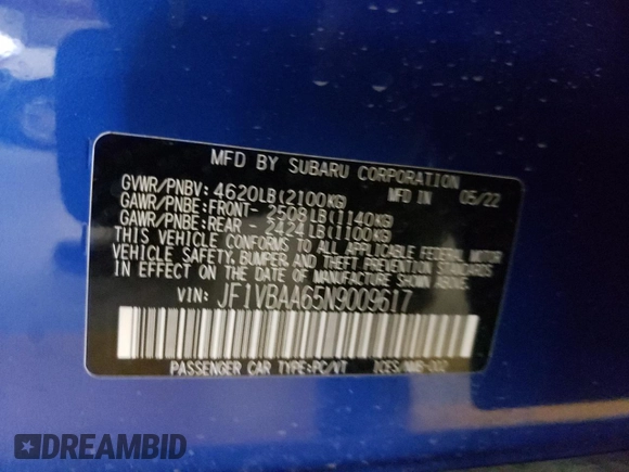 2022 Subaru WRX with VIN JF1VBAA65N9009617, listed as a Copart auction lot 62581132 with 1,240 mi miles. Bid and sale history available at carsss.com. Image 10.