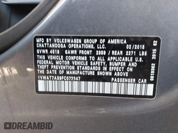 2015 Volkswagen Passat Wolfsburg Edition with VIN 1VWAT7A39FC072347, listed as a IAAI auction lot 42610199 with 116,957 mi miles and . Bid and sale history available at DreamBid. Image 9.