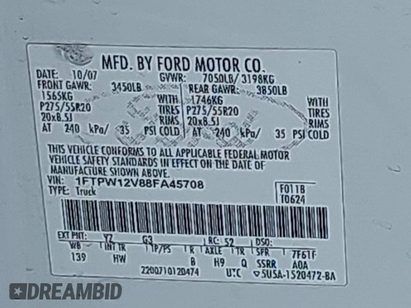 2008 Ford F-150 XLT with VIN 1FTPW12V88FA45708, listed as a IAAI auction lot 42069177 with 188,921 mi miles. Bid and sale history available at carsss.com. Image 9.