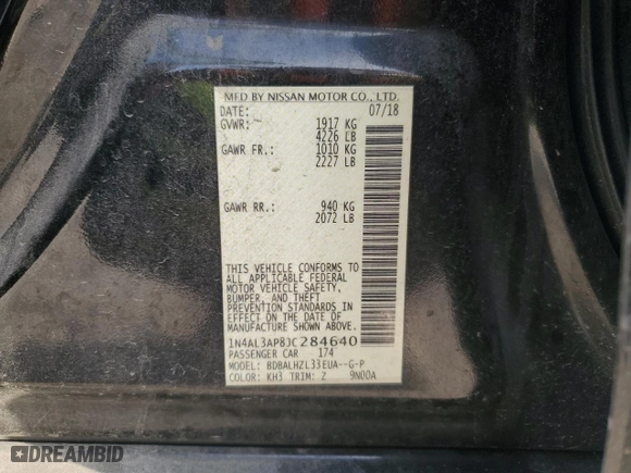 2018 Nissan Altima 2.5 SL with VIN 1N4AL3AP8JC284640, listed as a Copart auction lot 43994015 with 120,867 mi miles and Salvage Title. Bid and sale history available at carsss.com. Image 12.