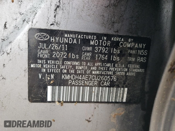 2012 Hyundai Elantra Limited with VIN KMHDH4AE7CU260576, listed as a Copart auction lot 57250045 with 148,418 mi miles and Salvage title. Bid and sale history available at DreamBid. Image 12.