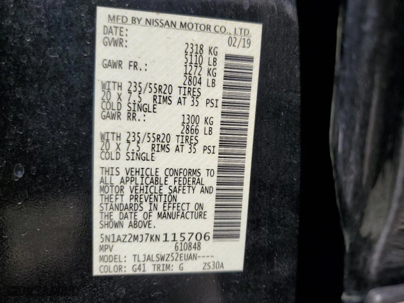 2019 Nissan Murano SL with VIN 5N1AZ2MJ7KN115706, listed as a Copart auction lot 76963574 with 103,780 mi miles and Salvage Title. Bid and sale history available at carsss.com. Image 14.