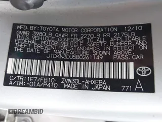 2011 Toyota Prius I with VIN JTDKN3DU5B0261149, listed as a IAAI auction lot 42041188 with 190,787 mi miles. Bid and sale history available at carsss.com. Image 9.