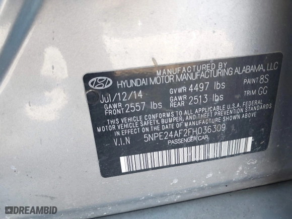 2015 Hyundai Sonata 2.4L SE with VIN 5NPE24AF2FH036309, listed as a IAAI auction lot 41814577 with 174,199 mi miles. Bid and sale history available at carsss.com. Image 9.
