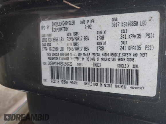 2002 Dodge 1500 with VIN 3D7HA18N82G158726, listed as a IAAI auction lot 41504742 with 282,573 mi miles and . Bid and sale history available at DreamBid. Image 9.