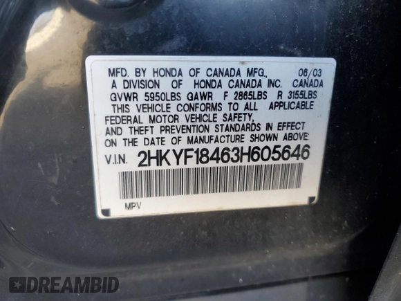 2003 Honda Pilot EX with VIN 2HKYF18463H605646, listed as a Copart auction lot 84738854 with 233,964 mi miles and Salvage Title. Bid and sale history available at DreamBid. Image 13.