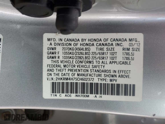 2012 Honda CR-V EX-L with VIN 2HKRM4H75CH602372, listed as a Copart auction lot 58810095 with 93,311 mi miles and Salvage title. Bid and sale history available at DreamBid. Image 12.