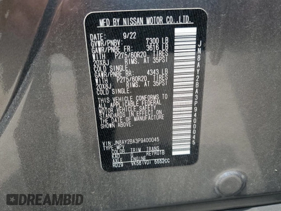 2023 Nissan Armada SL with VIN JN8AY2BA3P9400045, listed as a Copart auction lot 64708373 with 13,826 mi miles. Bid and sale history available at carsss.com. Image 13.
