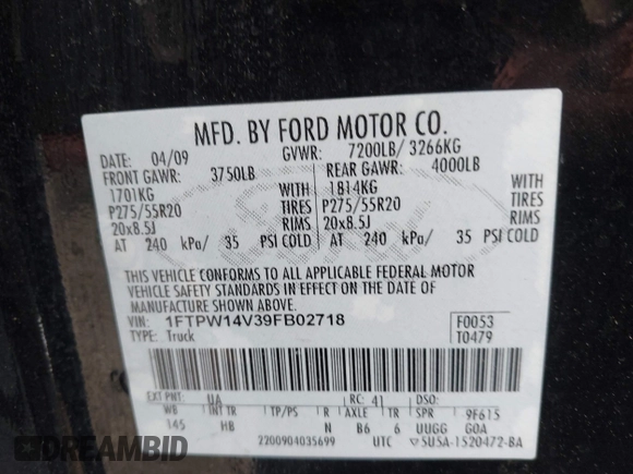 2009 Ford F-150 XL с VIN 1FTPW14V39FB02718, выставлен на аукционе IAAI как лот 42353716 с пробегом 203 739 миль миль и . История ставок и продаж доступна на DreamBid. Изображение 9.