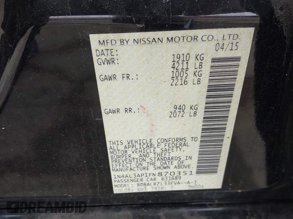 2015 Nissan Altima S with VIN 1N4AL3AP1FN870351, listed as a IAAI auction lot 42032499 with 131,587 mi miles and . Bid and sale history available at DreamBid. Image 9.