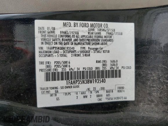 2008 Ford Focus SE with VIN 1FAHP35N38W193540, listed as a Copart auction lot 54869915 with 228,193 mi miles and Salvage Title. Bid and sale history available at DreamBid. Image 13.